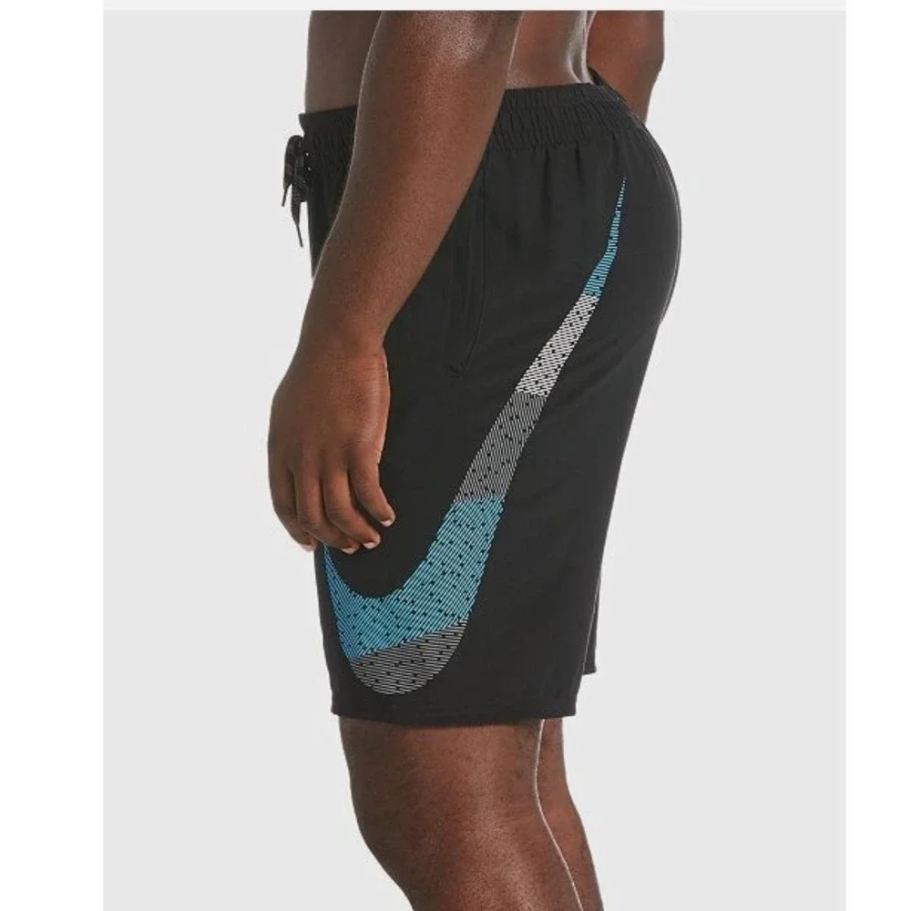 Nike Mens Swim Trunks Black Blue Oversized Swoosh Mesh Lined Board Shorts XL